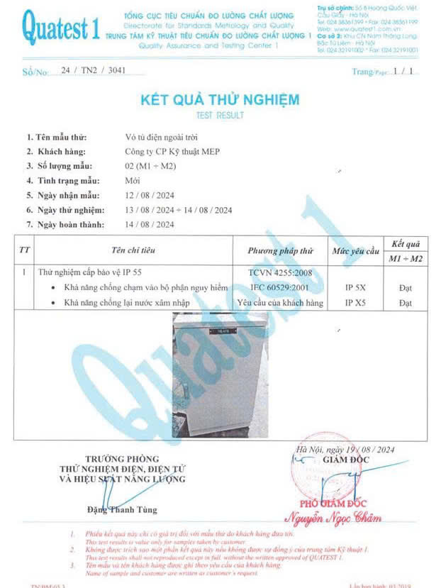 Kết quả Thử nghiệm Cấp bảo vệ IP55