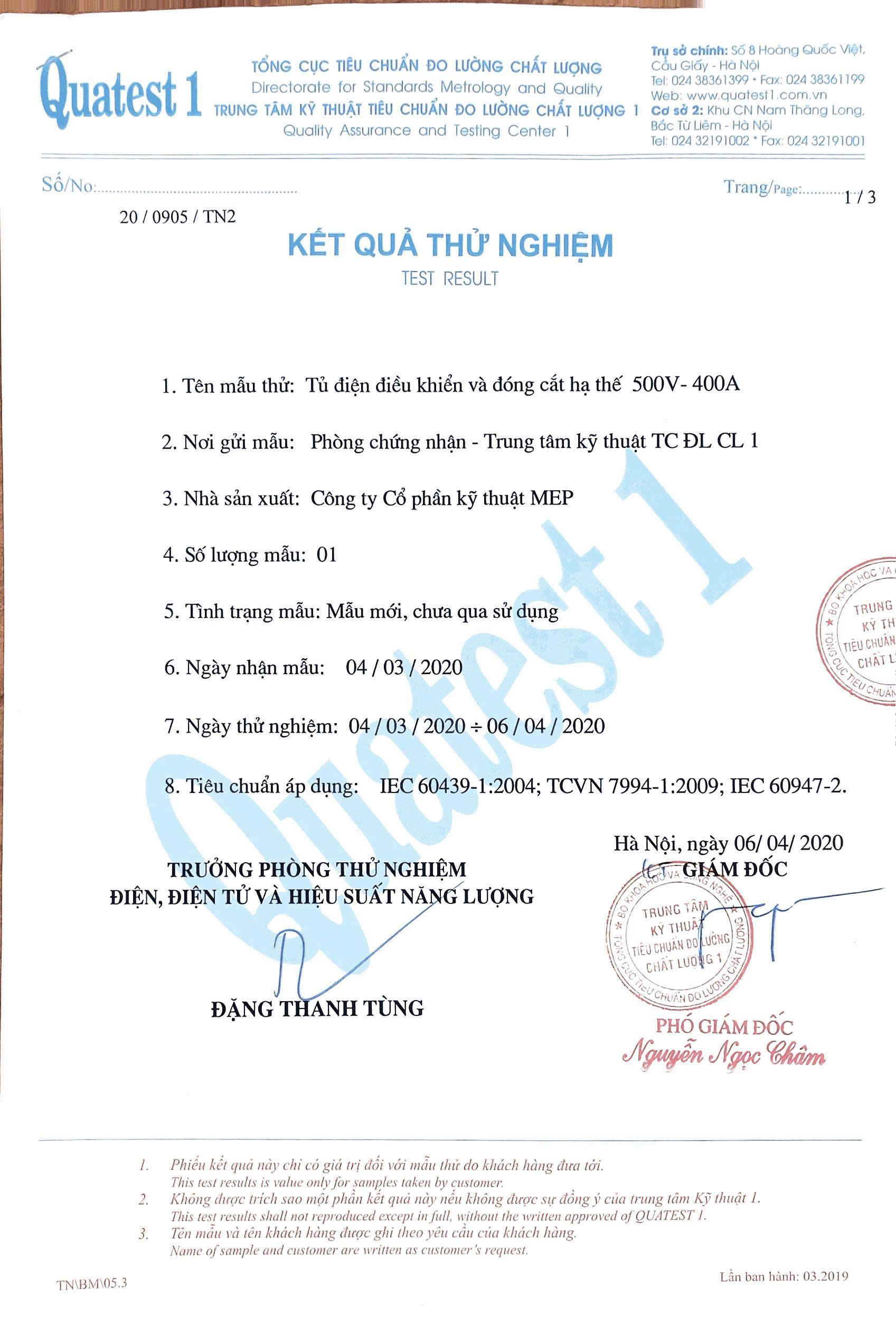 Kết quả Thử nghiệm Tủ điện hạ thế - Quatest 1