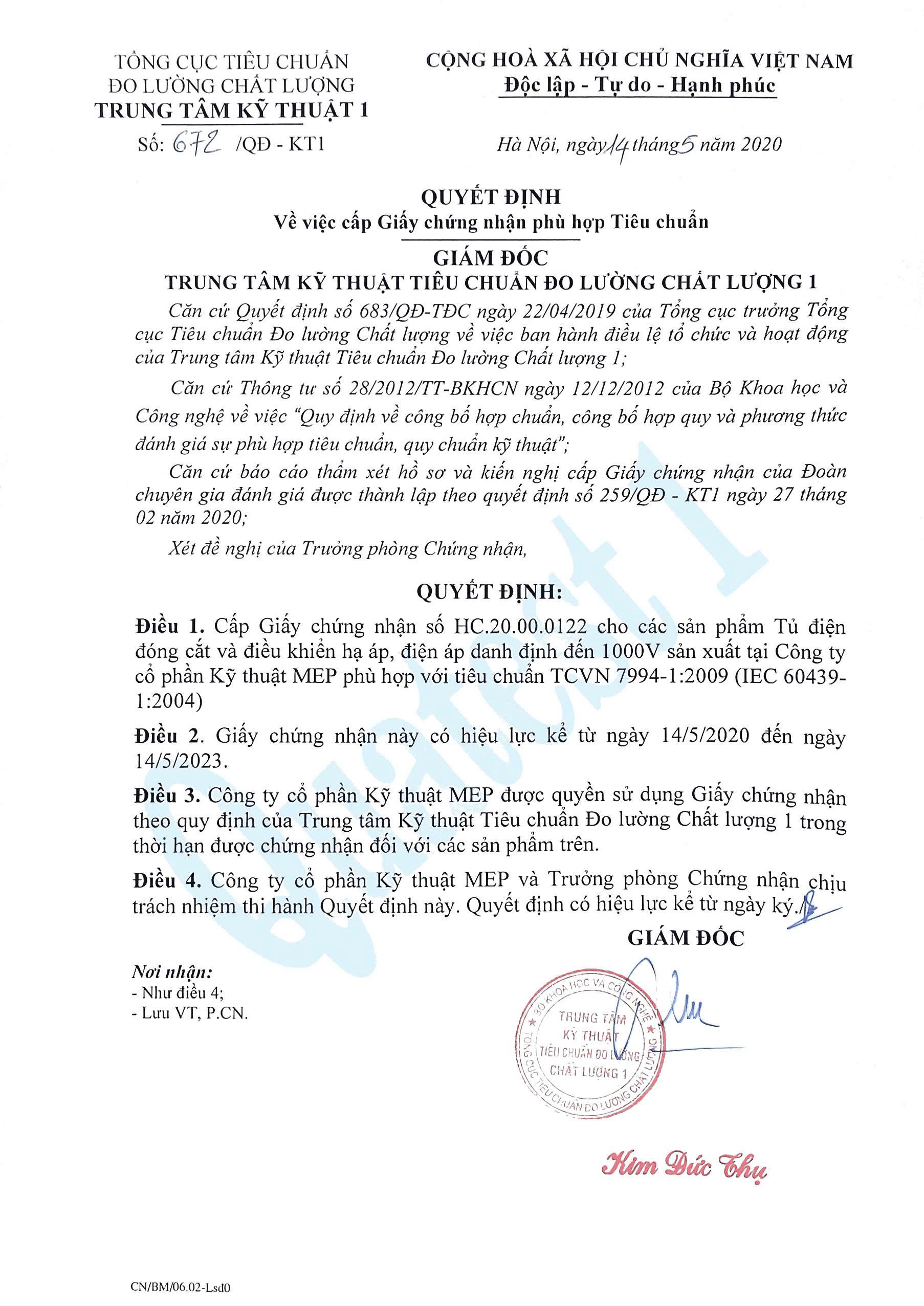 Quyết định cấp giấy chứng nhận phù hợp Tiêu chuẩn 