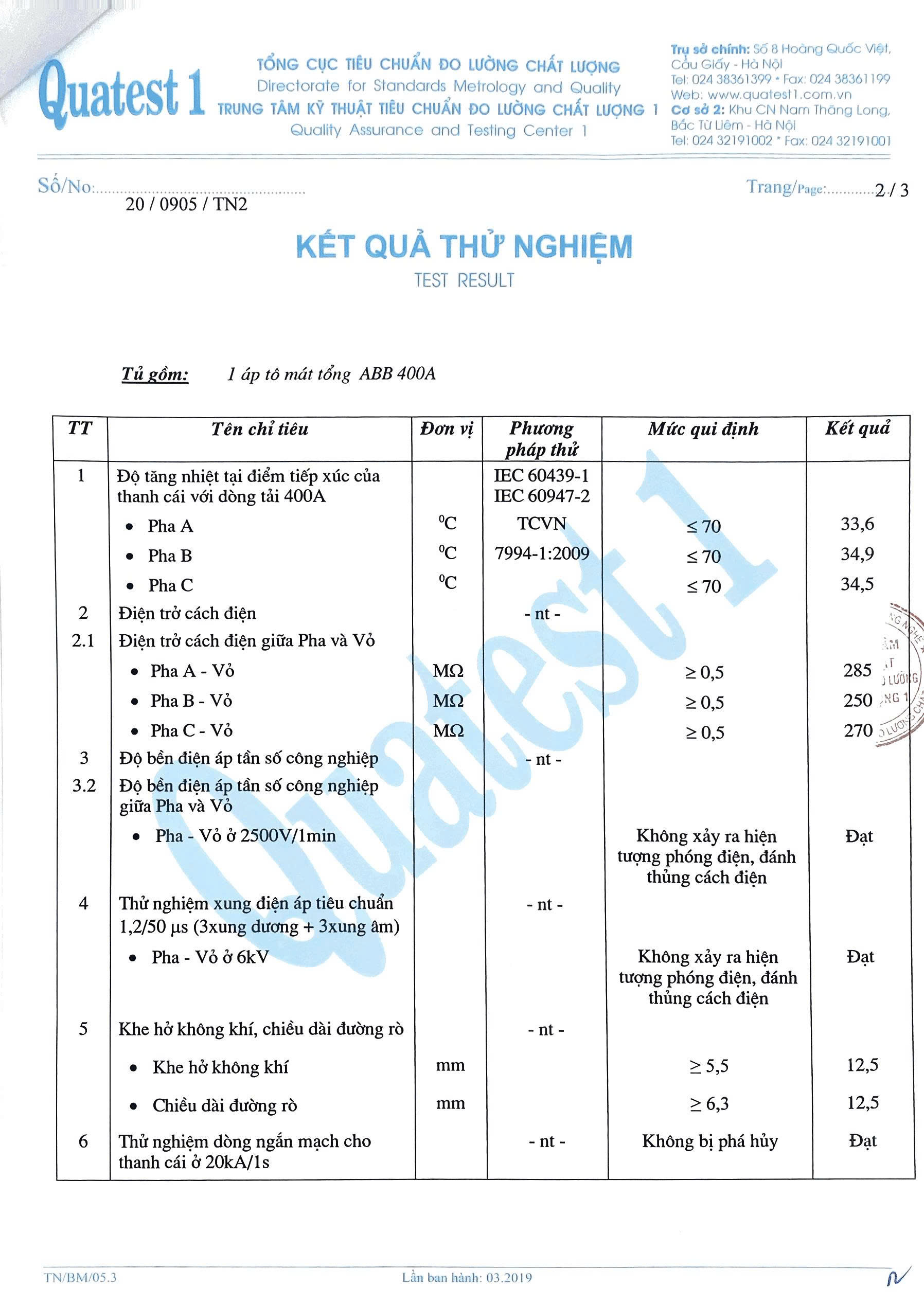 Kết quả Thử nghiệm Tủ điện ABB 400A- Quatest 1