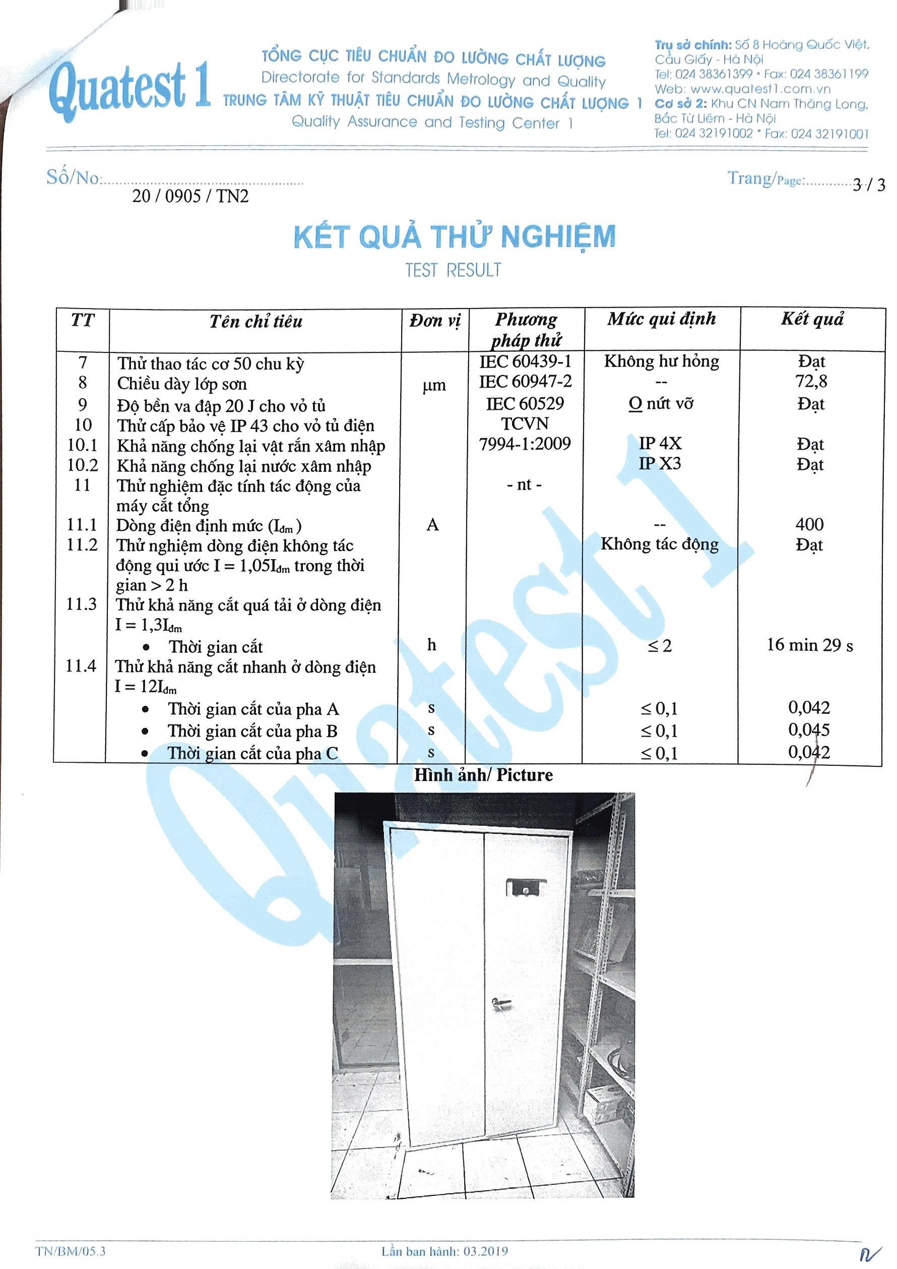 Kết quả Thử nghiệm Tủ điện ABB 400A- Quatest 1